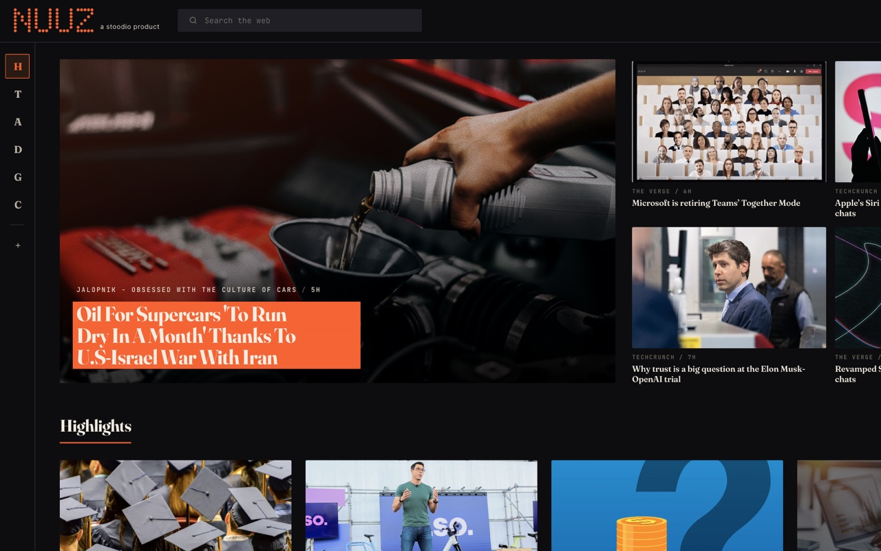 Nuuzs new-tab page: dot-matrix NUUZ wordmark, topic sidebar (H · T · A · D · C), oversized hero story with rail thumbnails, and Highlights grid below